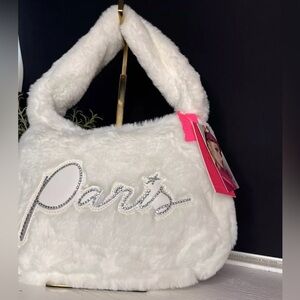 Paris Hilton White Faux Fur Shoulder Bag Y2K Logo Purse NWT